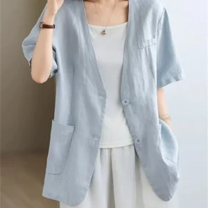 Women's Retro Cotton Linen Summer Short Sleeve Casual Blazer Jacket