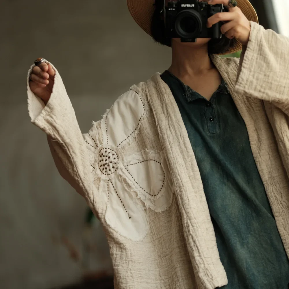 Women Vintage Embroidered Japanese Style Open Cardigans – Loose Cotton Linen Jacket - Image 5