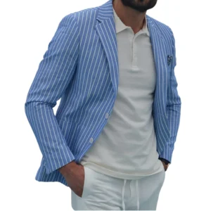 Autumn Men's Stripe Blazer Cotton Linen Casual Fashion Suit Jacket