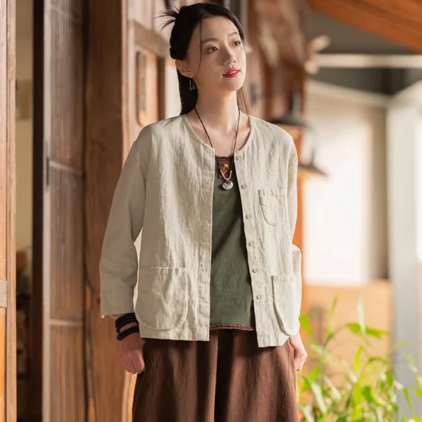 Cotton Linen Casual Short Jacket Women Vintage Spring Outerwear
