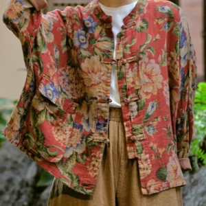 Casual Print New Tops Female Cotton Linen Jacket – Retro Stand Collar Vintage Coat