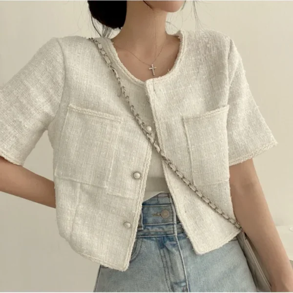 Women’s Blue Tweed Cropped Blazer Short Sleeve Casual Korean Jacket