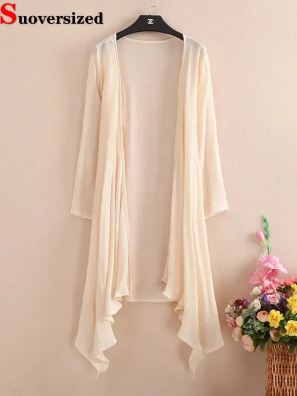 Cotton Linen Oversized Sunscreen Shawl Coat Women Summer Outwear