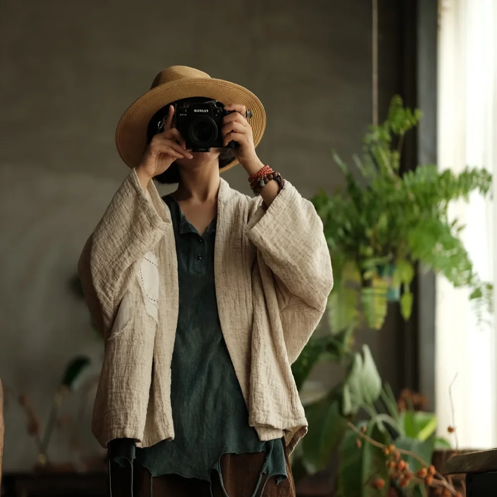 Women Vintage Embroidered Japanese Style Open Cardigans – Loose Cotton Linen Jacket - Image 6