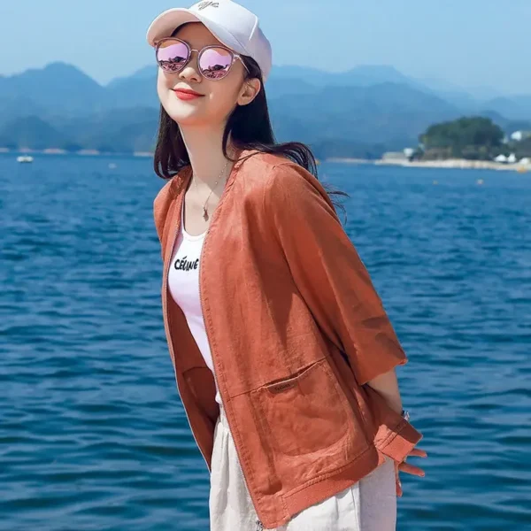 Women's Cotton Linen Thin Breathable Loose Summer Fashion Jacket - Image 3