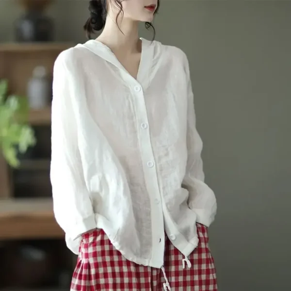 Hooded Cotton Linen Jacket Women’s Lightweight Retro Sun Protection Coat - Image 2