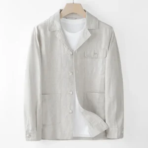 Men's Cotton Linen Casual Work Jacket With Lapel, Pockets, Comfortable Fit