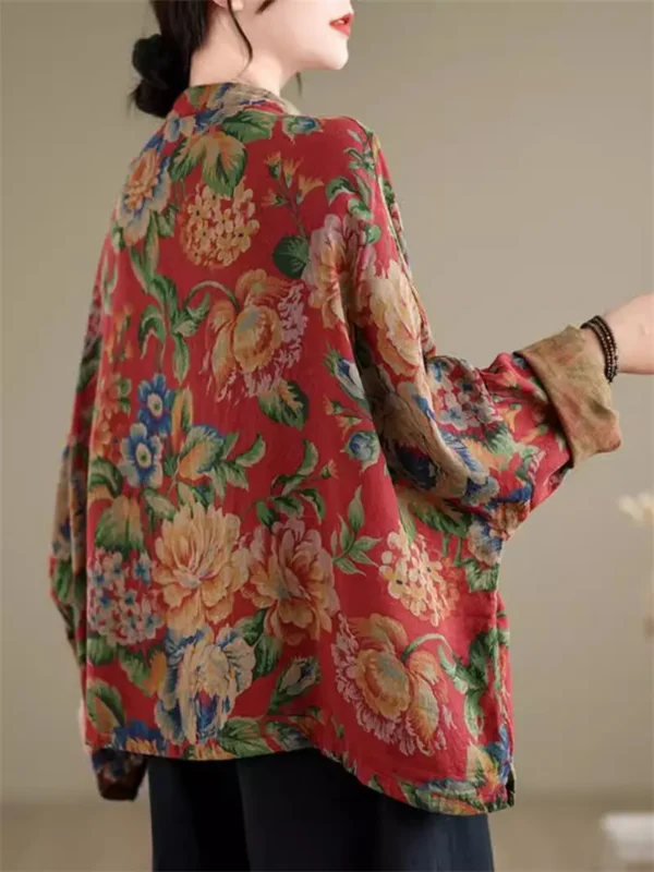 Ethnic Floral Cotton Linen Shirt Jacket With Batwing Sleeves Style - Image 3