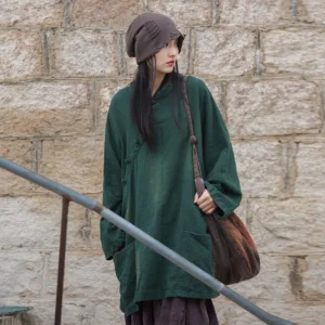 Women New Cotton And Linen Oblique Placket Button Jackets – Retro Stand Collar Coat