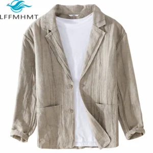 Spring Men's Casual Linen Blazer Long Sleeve Breathable Relaxed Jacket