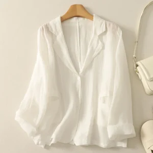 Summer White Ramie Jacket Sun Protection Women – Vintage Loose Casual Blazer Coat