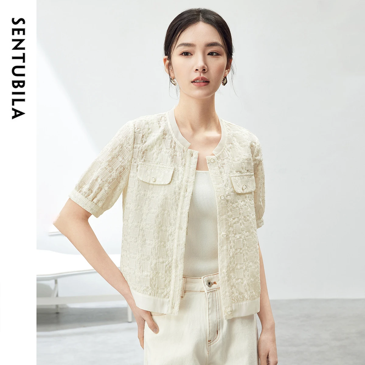 Elegant Tweed Single Breasted Cropped Coat Woman – Round Neck Summer Short Sleeve Top