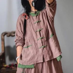 Autumn Cotton Linen Retro O-Neck Long Sleeve Women’s Coat