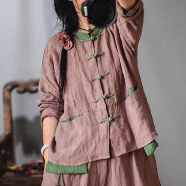 Autumn Cotton Linen Retro O-Neck Long Sleeve Women’s Coat