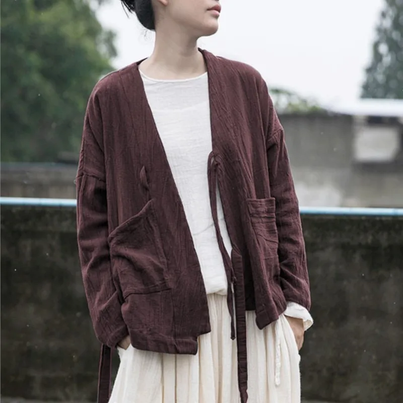 Women Chinese Style Bandage Jackets – Vintage Cotton Linen V-Neck Coat - Image 3