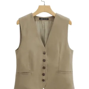 Zevity Women V Neck Sleeveless Single Breasted Linen Vest Casual Slim