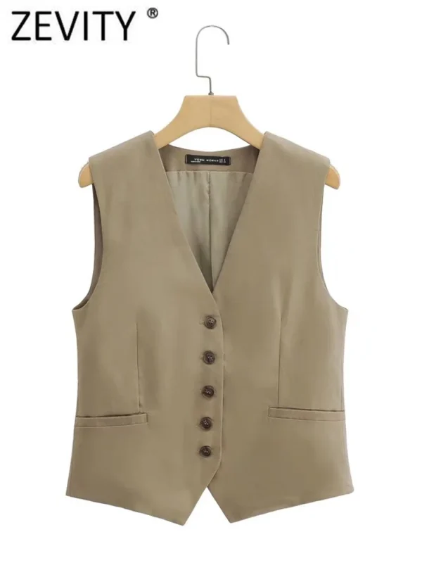 Zevity Women V Neck Sleeveless Single Breasted Linen Vest Casual Slim