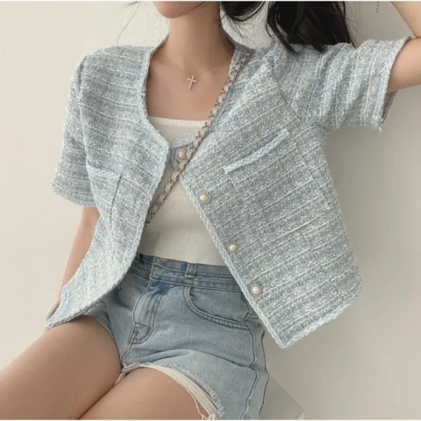 Women’s Blue Tweed Cropped Blazer Short Sleeve Casual Korean Jacket - Image 4