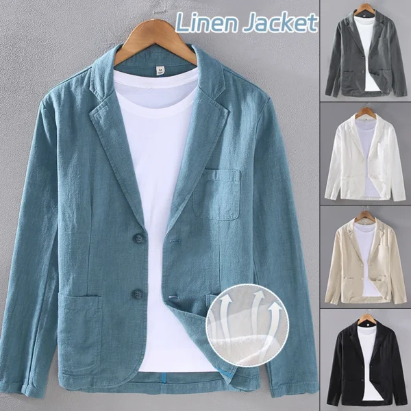 Men's Slim Fit Cotton Linen Blazer Two Button Casual Formal Suit Jacket