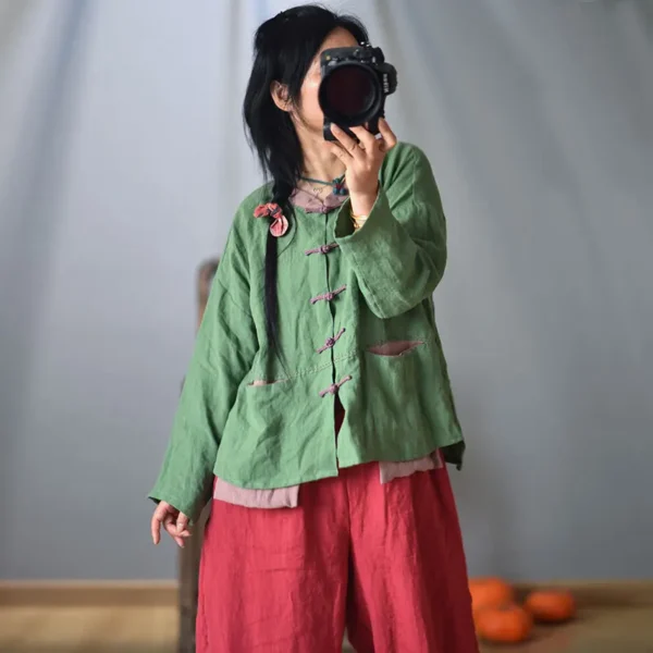 Autumn Cotton Linen Retro O-Neck Long Sleeve Women’s Coat - Image 4