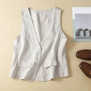 Vintage V Neck Sleeveless Coat Flax Thin Cropped Vest – Chic Button Waistcoat