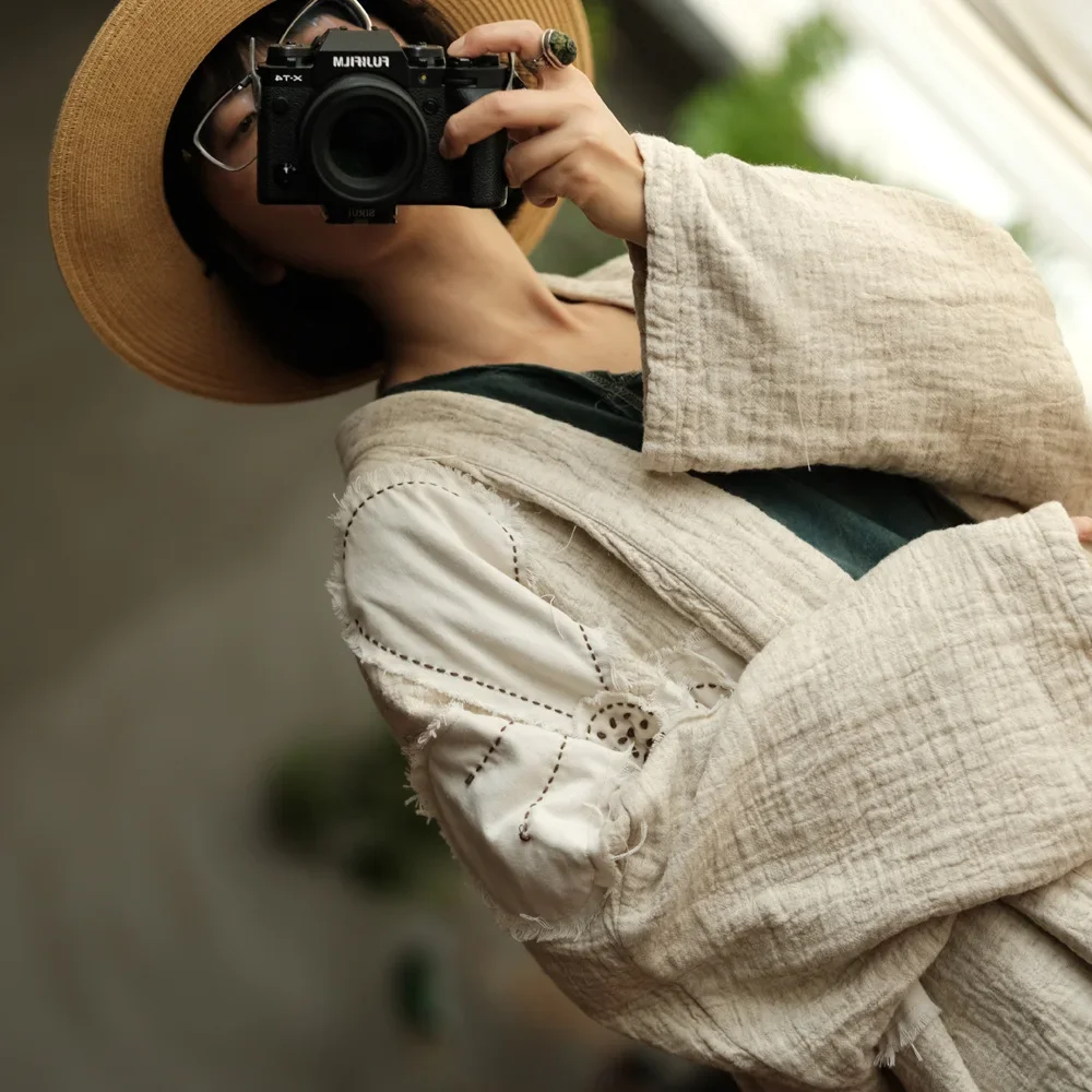 Women Vintage Embroidered Japanese Style Open Cardigans – Loose Cotton Linen Jacket - Image 4