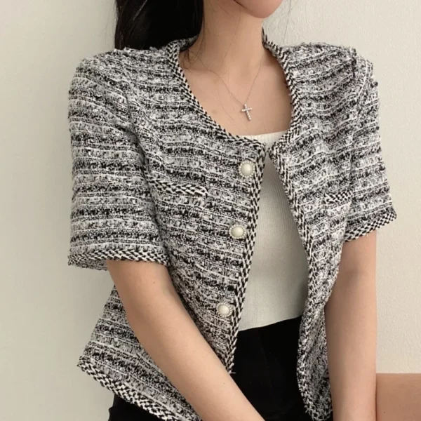 Women’s Blue Tweed Cropped Blazer Short Sleeve Casual Korean Jacket - Image 3
