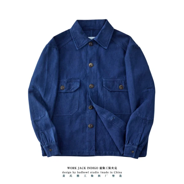 Indigo Botanical-Dyed Heavyweight Linen Shirt Jacket Vintage Workwear Style - Image 2