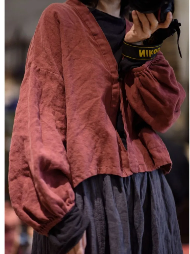 Women Loose Autumn Jacket Ladies – Vintage Linen Short Coat Outerwear - Image 2