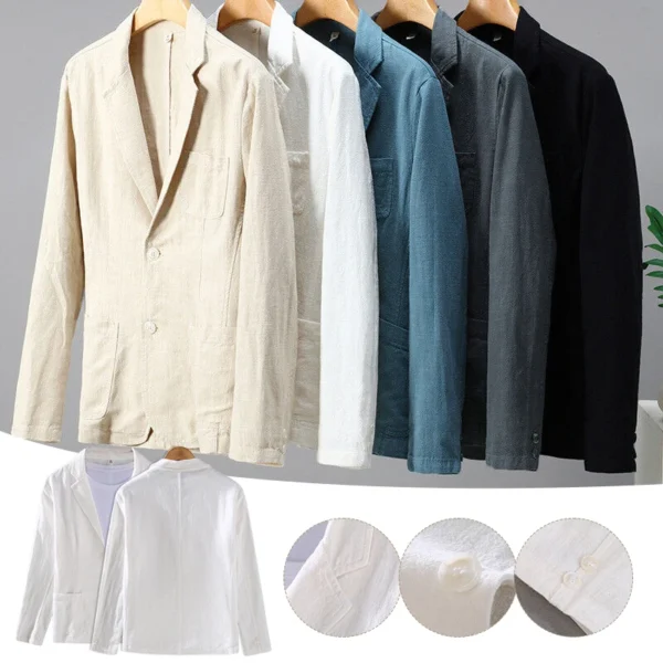 Men's Slim Fit Cotton Linen Blazer Two Button Casual Formal Suit Jacket - Image 2